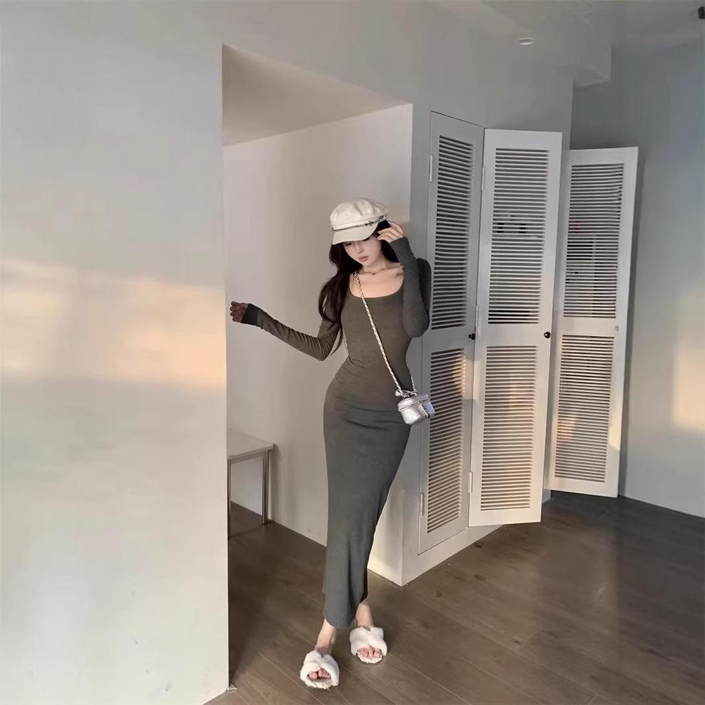 Women's Gray Long-Sleeved Square Neck Mermaid Dress - Spring 2026 Collection