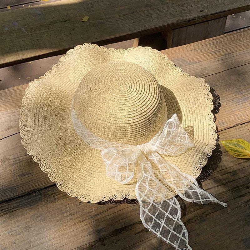 Flat Top Straw Hat Strapped Women's Summer Visor, Satin Versatile Straw Fashion Top Hat, Seaside Beach Hat