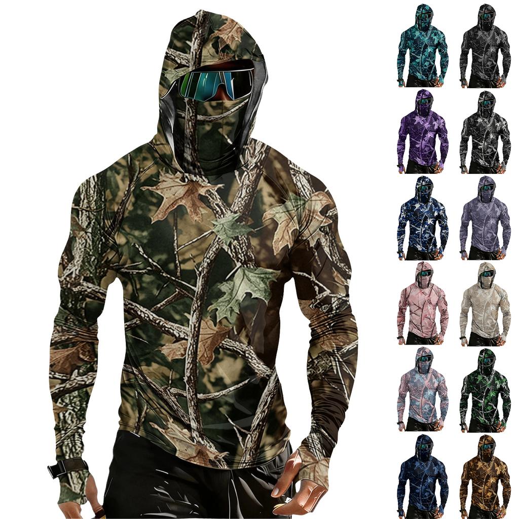 Men's Casual Raglan Sleeve Hoodie Long Sleeve Sun Protection Shirt Camouflage Print Outdoor Lightweight Breathable Quick Dry