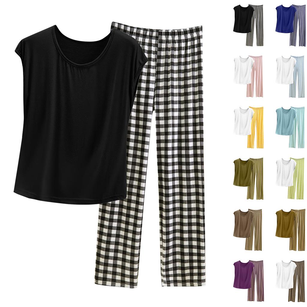 Ladies' Casual And Comfortable Round Neck Solid Color Top With Checkered Printed Pants Plus Size Set