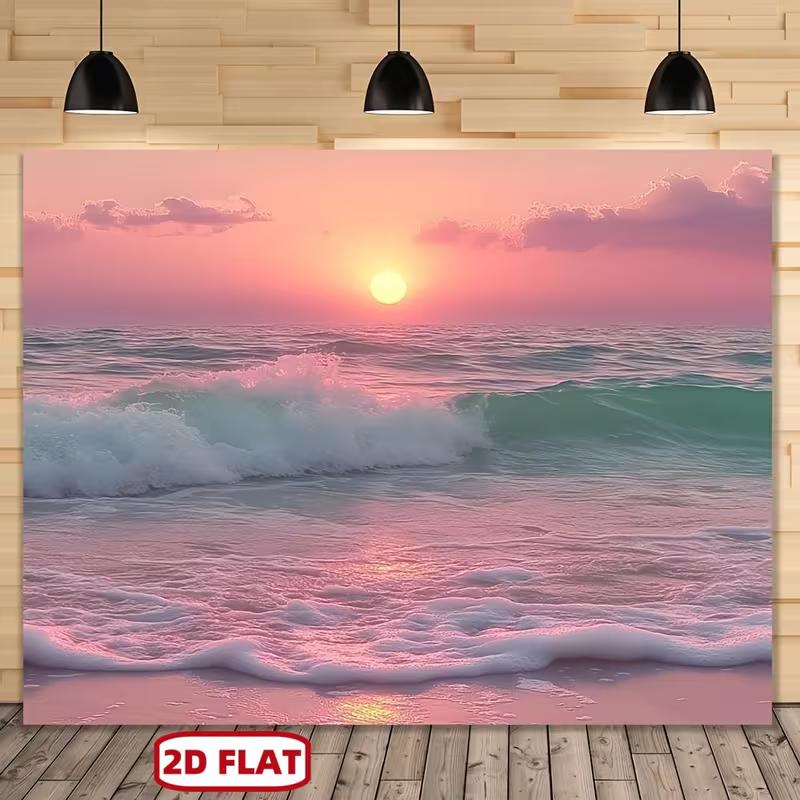 2D HD Romantic Beach Sunset Banner, Pink Sky Ocean Backdrop for Party & Home Decor