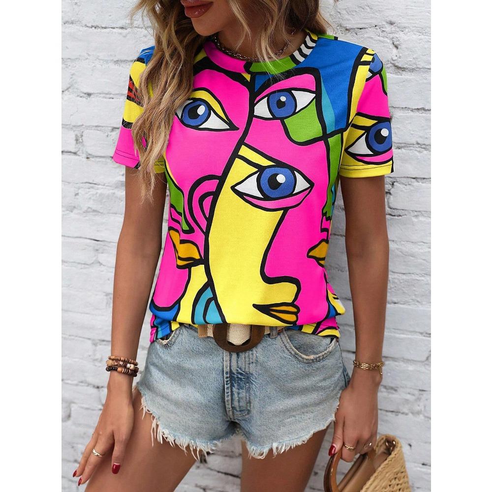 

Abstract Portrait Art Pattern 3D Digital Printing Women s Casual Round Neck Short Sleeved T-shirt 6XL