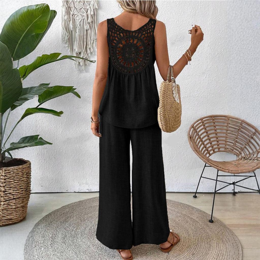 Ensemble d'été décontracté ample pour femme sans manches couleur unie dos creux dentelle