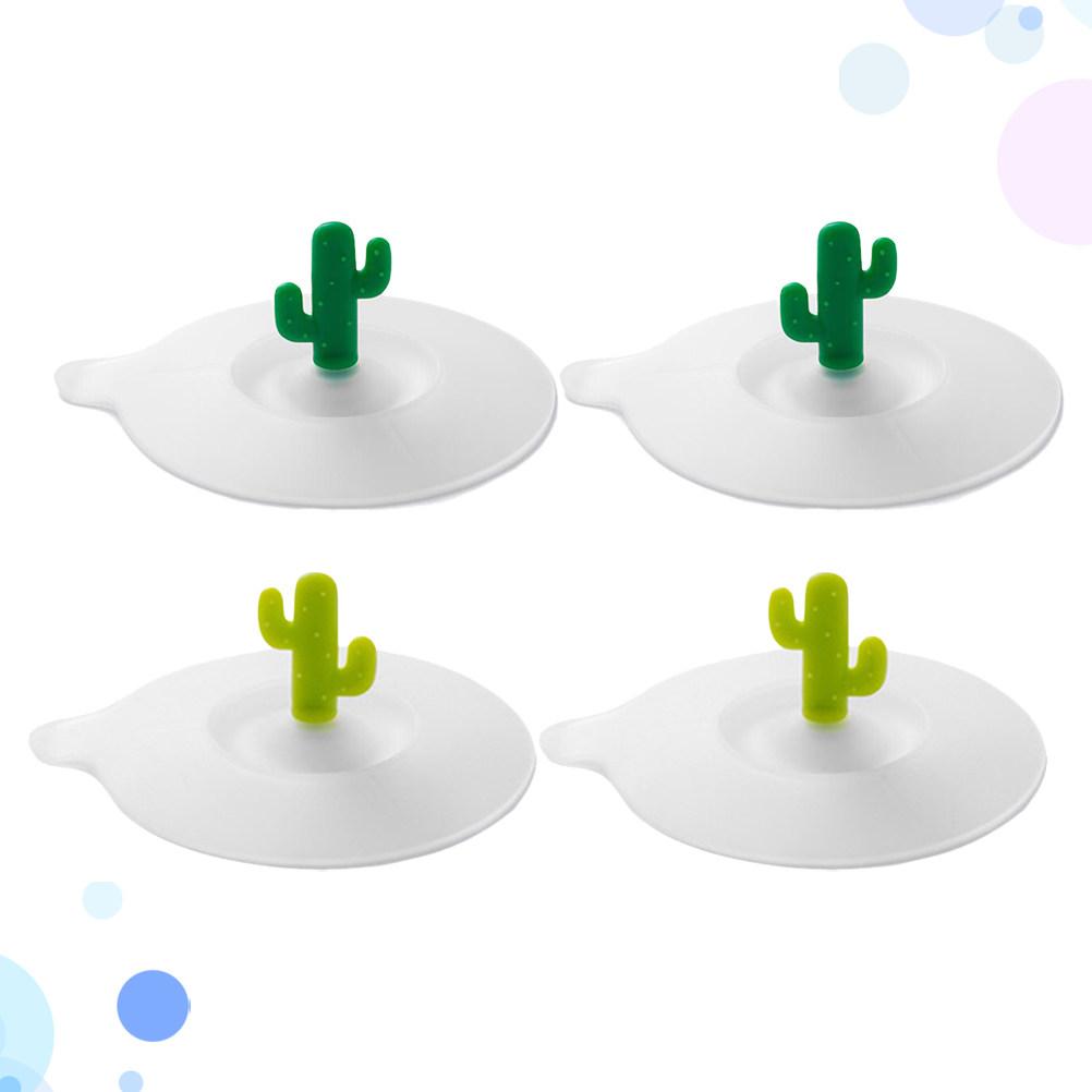 4Pcs Cartoon Cactus Silicone Cup Lids Leak-Proof Dustproof Round Airtight Suction Sealed Covers Grass Green Fluorescent Green