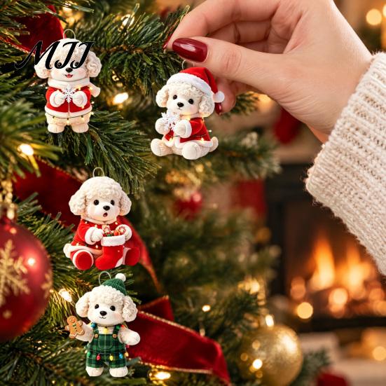 Holiday Animal Hanging Ornaments Christmas Dog Wooden Ornament, 2D Cartoon Puppy Kitten Decor with String, Tree Party Decoration Handmade Style