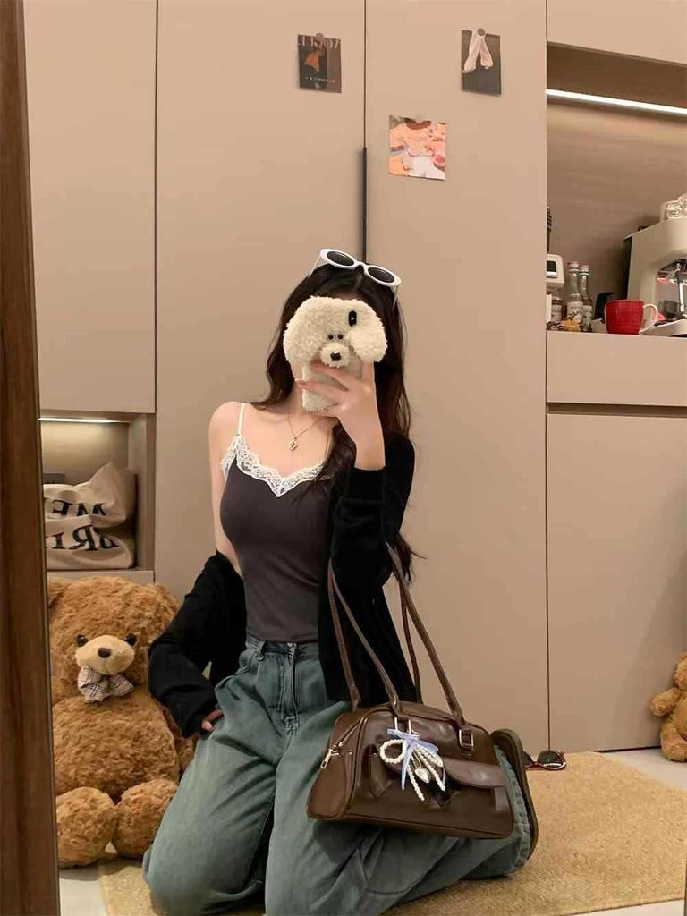 Graues Spitzen-Slim-Fit-Camisole mit eingebauten BH-Polstern - Damen Sommer Ärmelloses Top