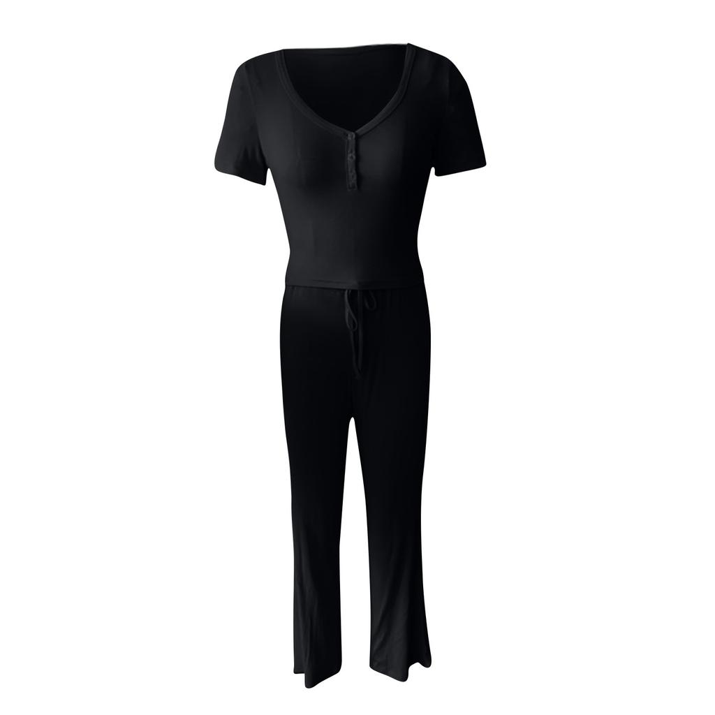 Women's Set Two Piece Short Sleeve Cropped Tops Matching Flare Pants Sets Casual