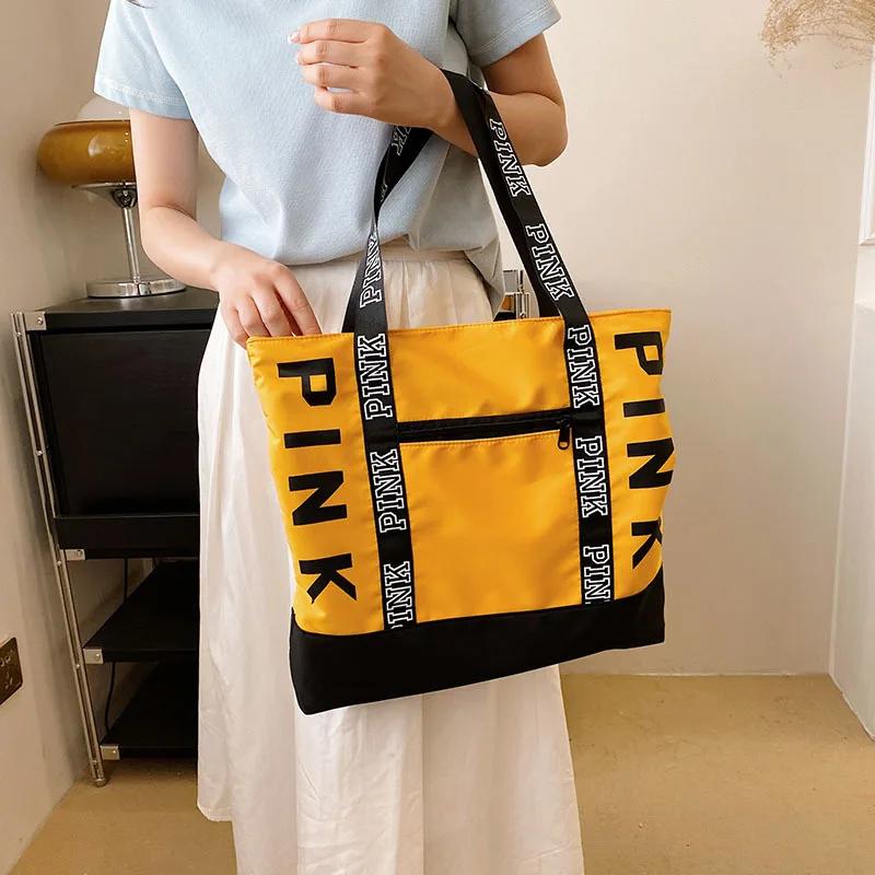 Colorblock Pink Letter Graphic Tote Handbags Woman Shoulder Bags Casual Sports Fitness Tote Bag Women Handbag Nylon Fabric