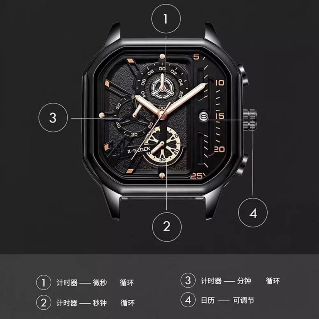Men's Waterproof Multifunction Wristwatch with Night Light Stainless Steel Band and Square Dial Chronograph Date Display