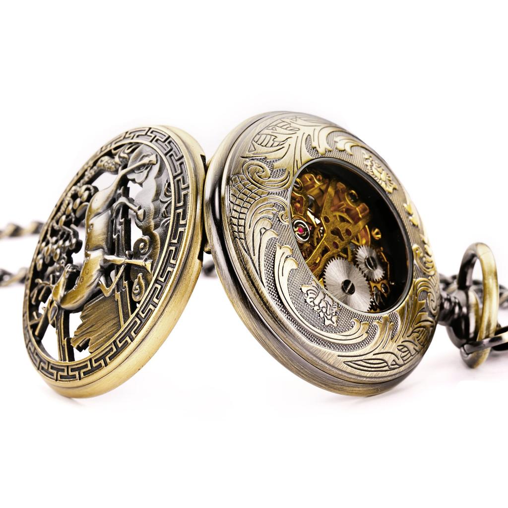 TREEWETO Mechanische Taschenuhr mit Hirsch-Design, Hohlgehäuse, Steampunk-Bronze, Römische Ziffern und Kette