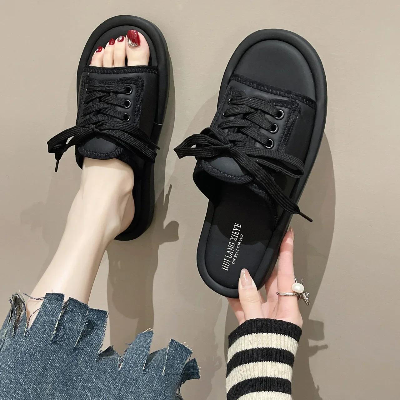 

Модные женские повседневные пляжные туфли на шнуровке с открытым носком из парусины с открытым носком на платформе, модные роскошные дизайнерские шлепанцы, женские тапочки, сандалии 2024 40 чёрный