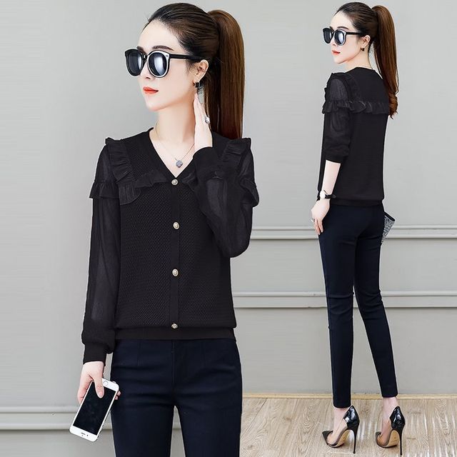 

Модная шифоновая рубашка с v-образным вырезом, женская весенняя новая корейская свободная блузка с длинными рукавами, однотонный топ с рюшами M чёрный