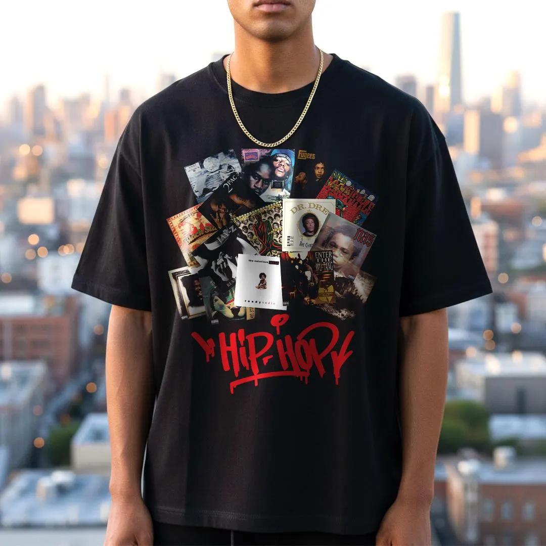 

2025 Summer 90s Hiphop Retro Rap Music Collage 100 Pure Cotton Printed Tshirt Mens and Womens Street Trend Shortsleeved 4XL
