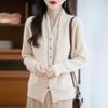 Women's French V-Neck Wool Cardigan - Faux Two-Piece, Long Sleeve, Color Block, Autumn/Winter Collection