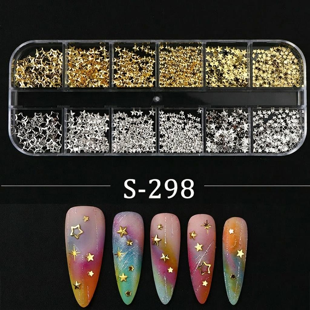 12-Grid Mixed Size Gold Silver Metal Star Nail Decorations Alloy Plating Craftsmanship For Manicure DIY