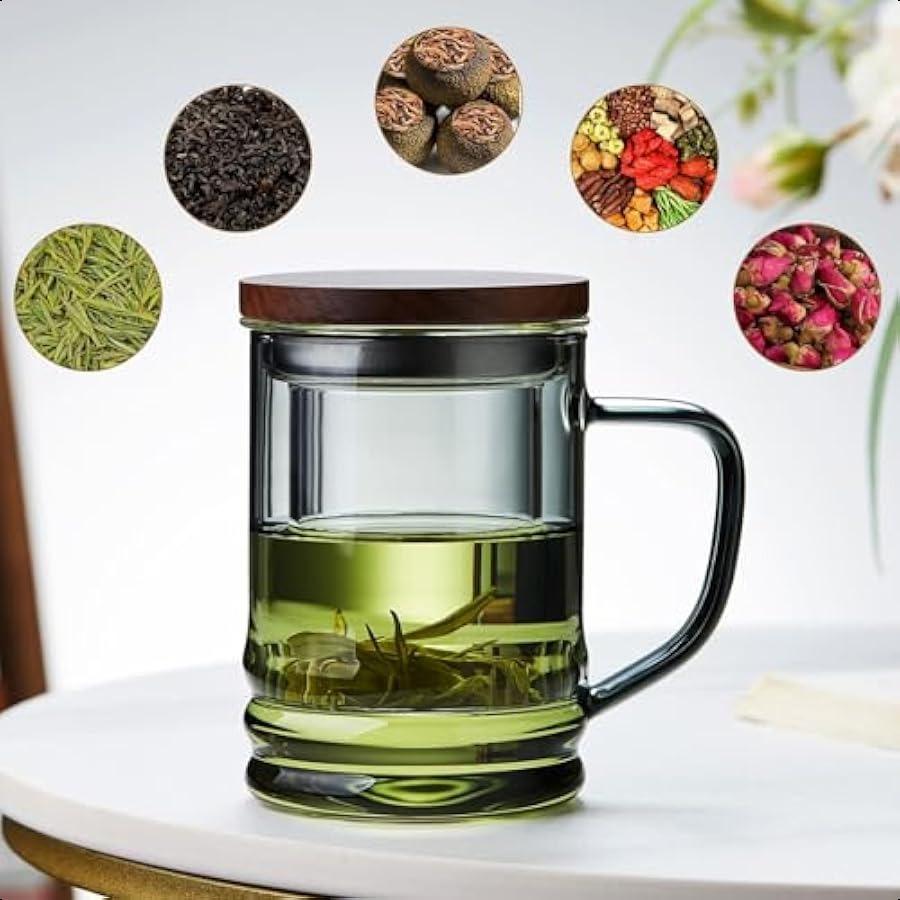 Glass Tea Cup with Infuser and Lid 14.5 fl oz Heat Resistant Borosilicate Glass Tea Infuser Mug for Blooming and Loose Leaf Tea