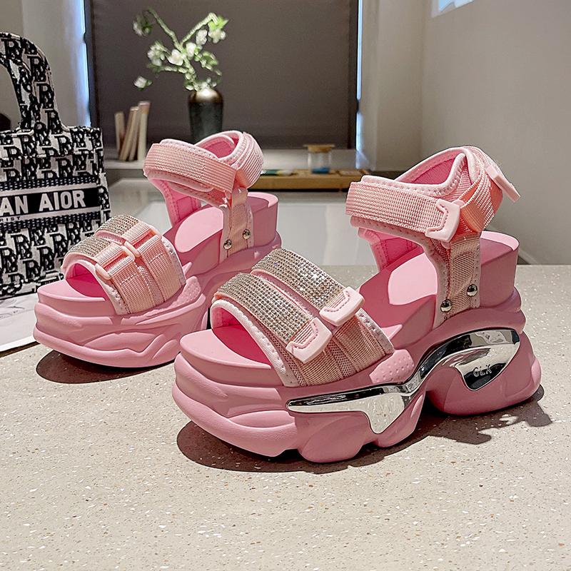 Fashion 10CM High Heels Ladies Crystal Beach Slippers Chunky Shoes Sandalias Mujer Platform Bling Sandals Women Summer Breathable Wedges