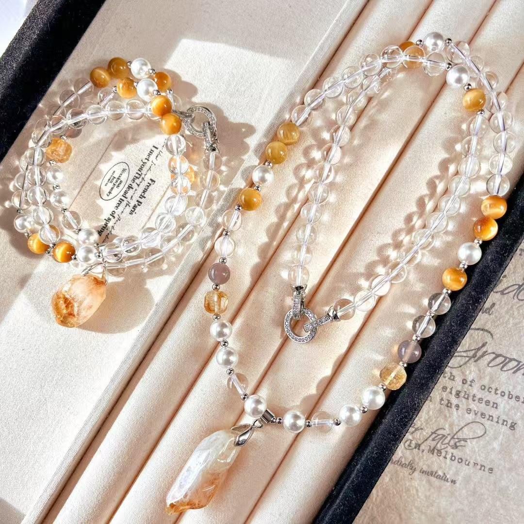 Vintage Maillard High Quality Natural Vitreous White Crystal Citrine Rough Stone Sweater Chain