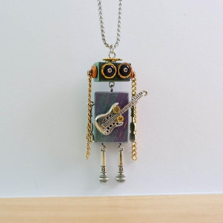 DIY Wooden Robot Pendant Necklace Unisex Clavicle Chain Punk Chokers for Women