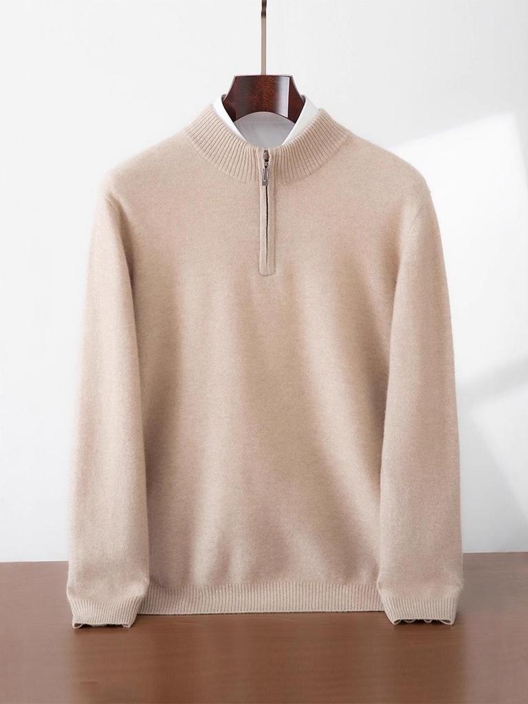 Men's Cashmere Zipper Sweater - Solid Color, Half-High Collar, Long Sleeve, Casual Fit.