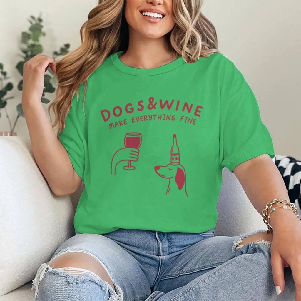 Hunde Und Wein Machen Alles Gut Lustige Vintage Grafik T-Shirts Tier Shirt Mode Hundemama T-Shirts Geschenke Damen Y2K Oberteile