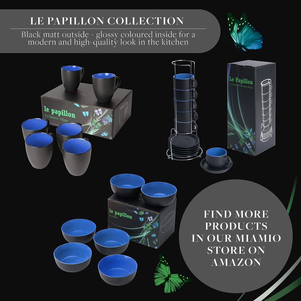 MIAMIO - 6 x 350 ml Stoneware Coffee Mugs/Cups Set, Black Exterior, Colorful Interior