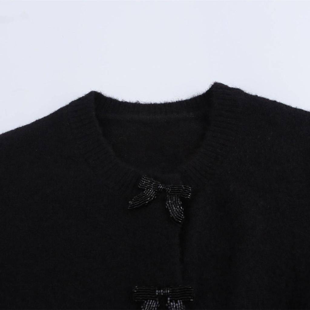 2025 Spring Women's Cardigan: Sweet Bow-Embellished, Round Neck, Long Sleeve Knit