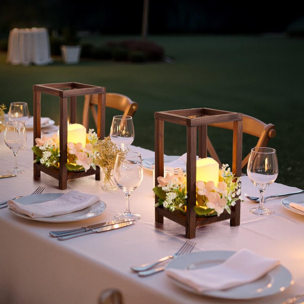10 Set/30 Pcs Wooden Wedding Lantern Centerpiece, Includes 10 Wooden Lantern Candle Holder 10 Flameless LED Candle 10 Champagne Flower Wreath for