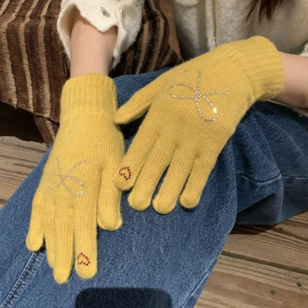 

Thicken Knitted Gloves Crystal Winter Gloves Fashion Bow Rhinestone Gloves Outdooor чёрный