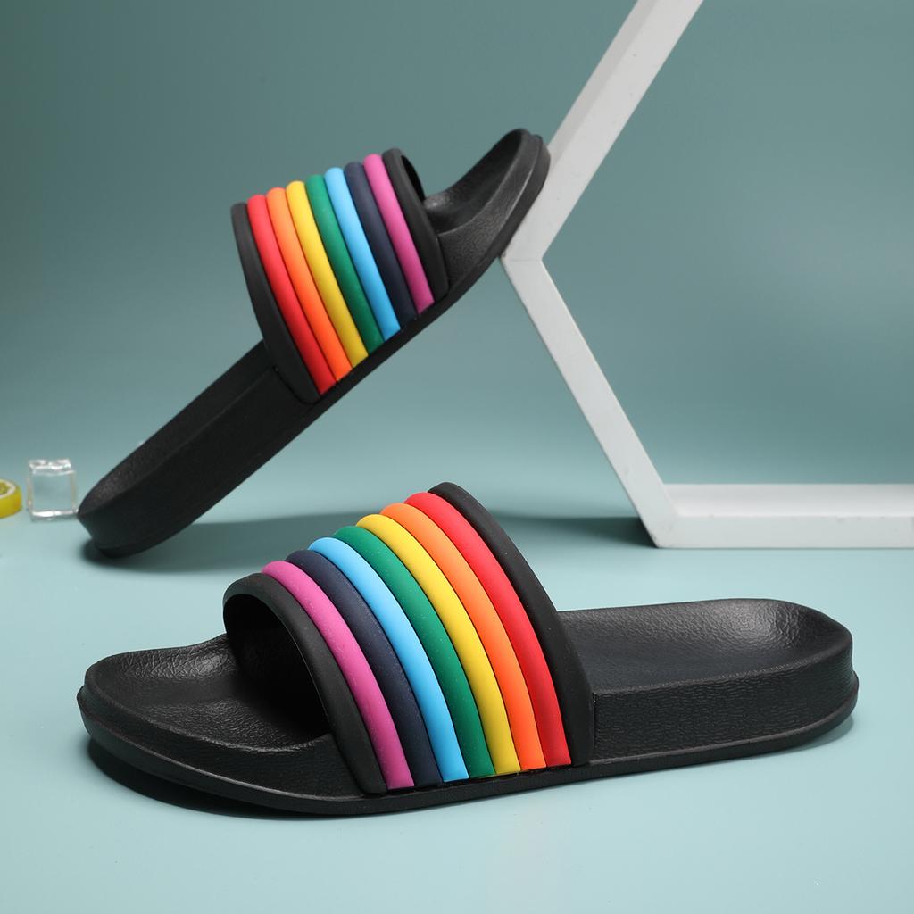 Women Rainbow Thick Sole Summer Beach Slides Bathroom Anti-Slip Slipper Soft Sandals Fashion Flip-Flops Ultra-Light Letter Shoe