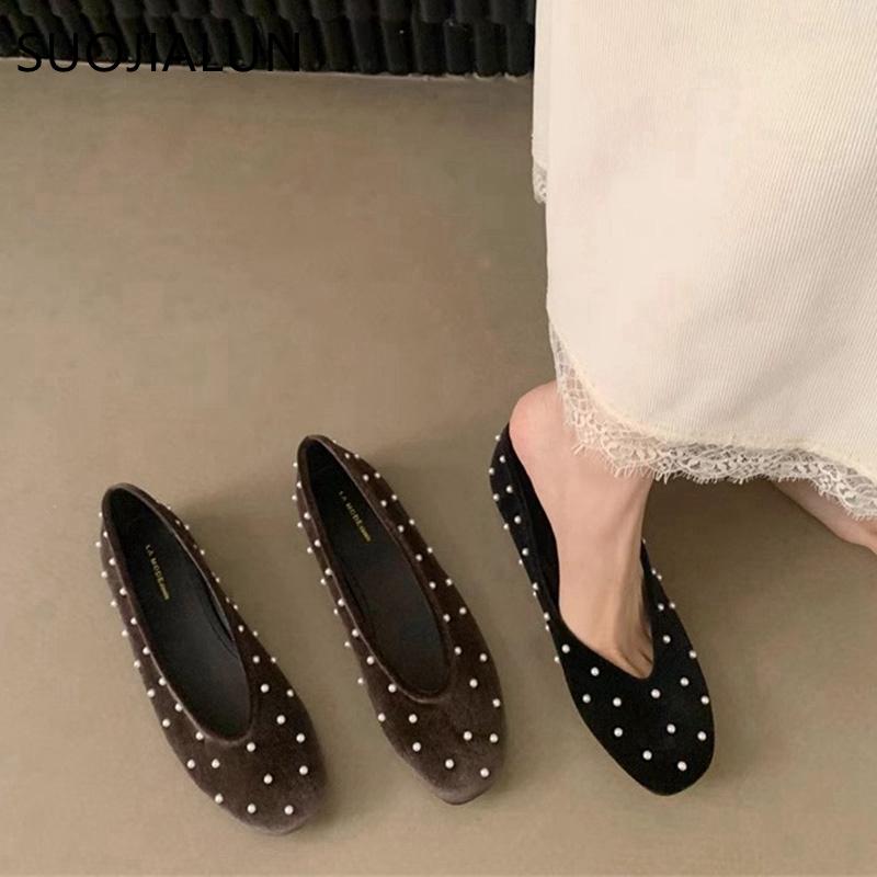 Fashion SUOJIALUN Autumn New Brand Women Flat Shoes Fashion Polka Dots Round Toe Shallow Slip On Boat Shoes Outdoor Dress Single Shoes