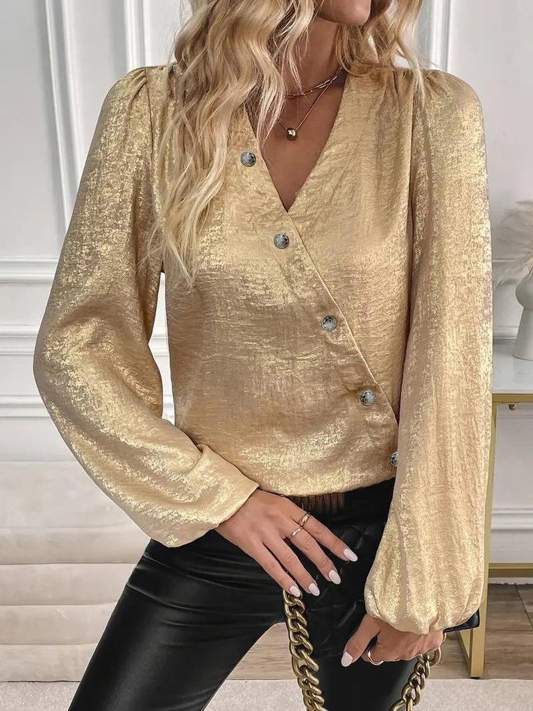 2025 Women's Plus Size V-Neck Solid Long Sleeve Single-Breasted Shirt