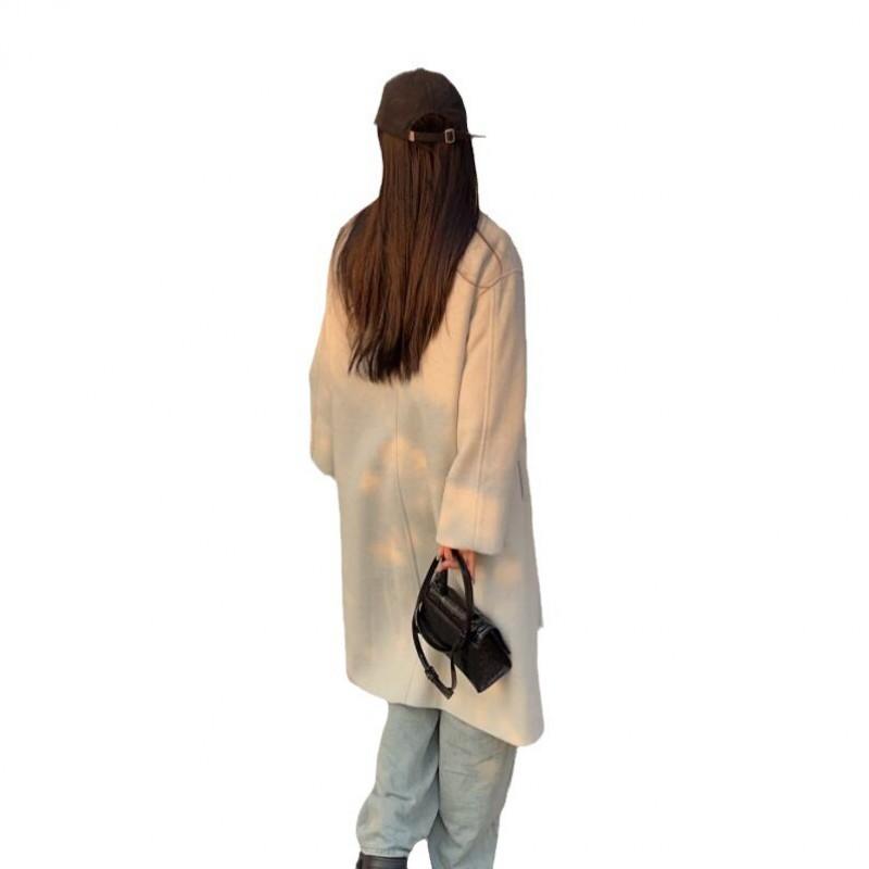 Womens Oatmeal Wool Blend Coat 2026 Winter Double-Breasted Loose Fit Longline Trench Outerwear