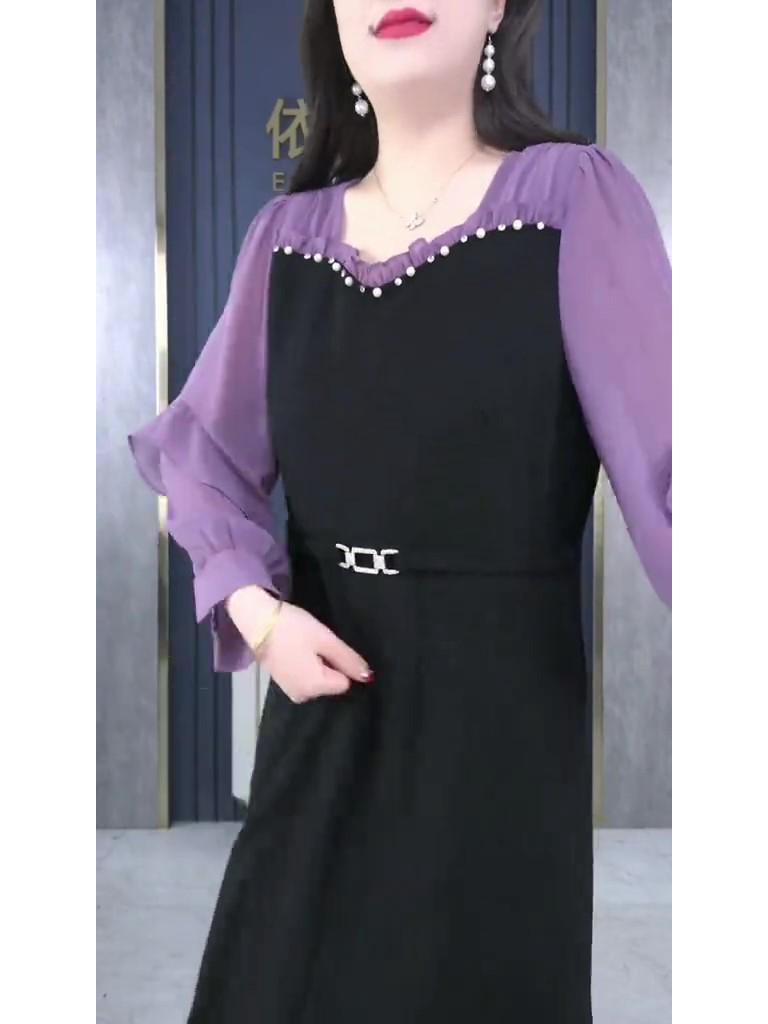 Elegant French Chiffon Plus Size Slimming Long Sleeve Dress for 30-Year-Old Moms - Spring/Summer Collection