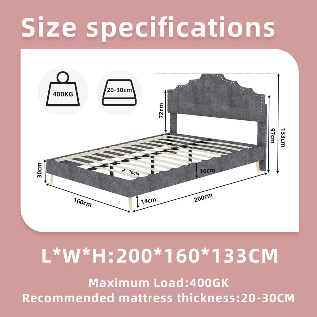 Modern soft bed, comfortable headboard, 160*200CM, gray, bed frame with low box, does not include pneumatic rod, includes 160*200CM mattress.