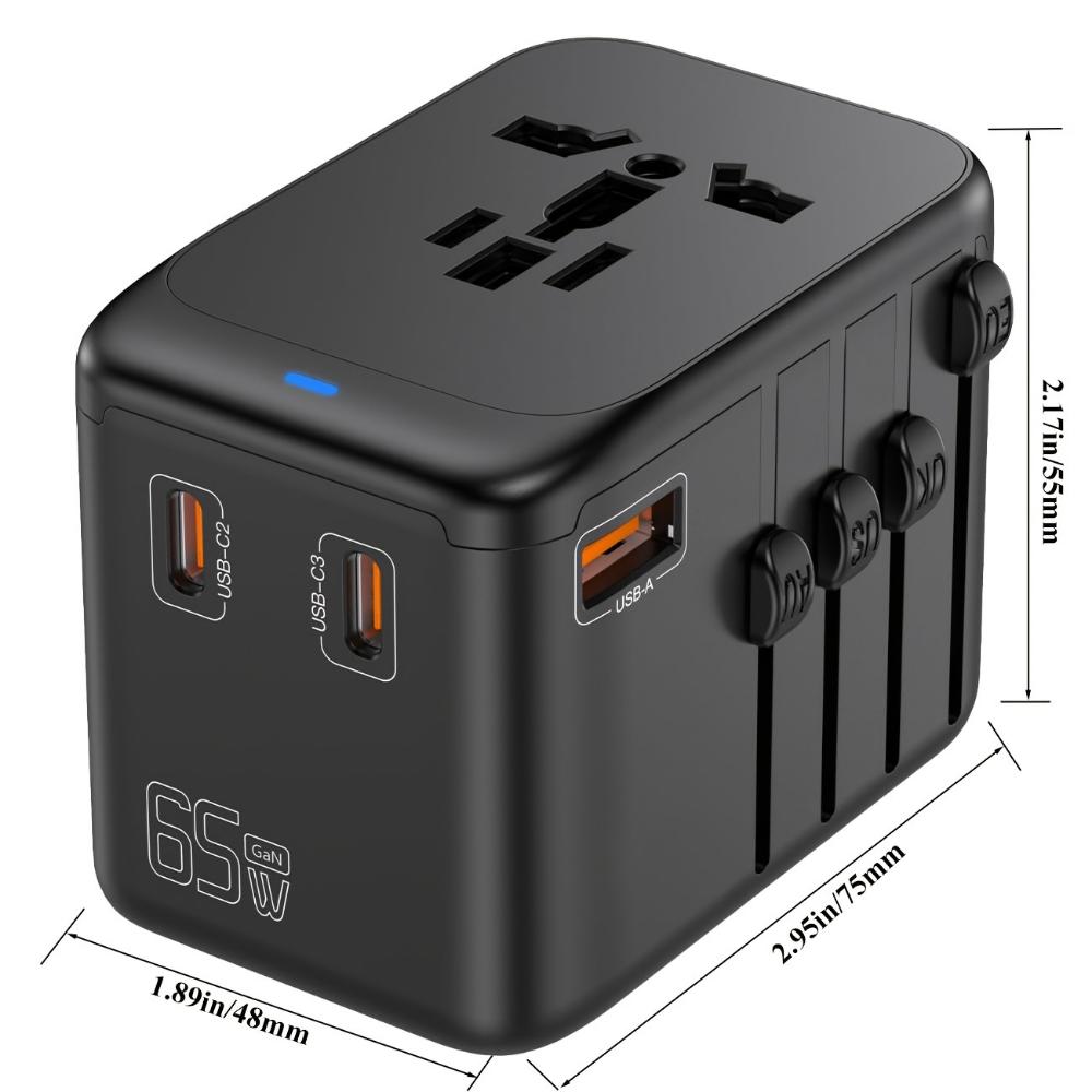 Travel Adapter, 65W Universal Travel Charger for iPhone, Laptop, Type A/C/G/I (US/UK/European Union/Australia)