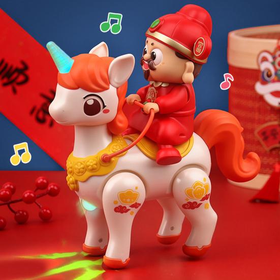 Electric God of Wealth Toy with Music LED Light Cartoon Riding Horse Fortune God Toy with Movable Joints Spring Festival New Year Gift
