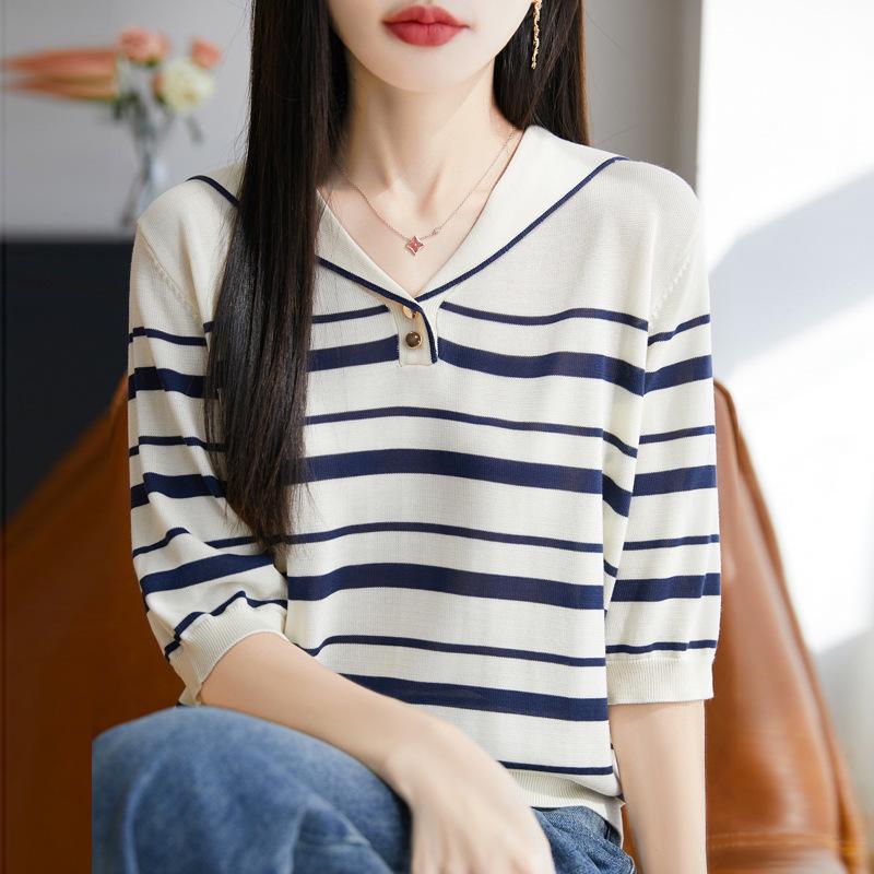 

Women s Navy Striped Knit Sweater - Versatile Short Sleeve Loose Fit Fashion Top Extra Large