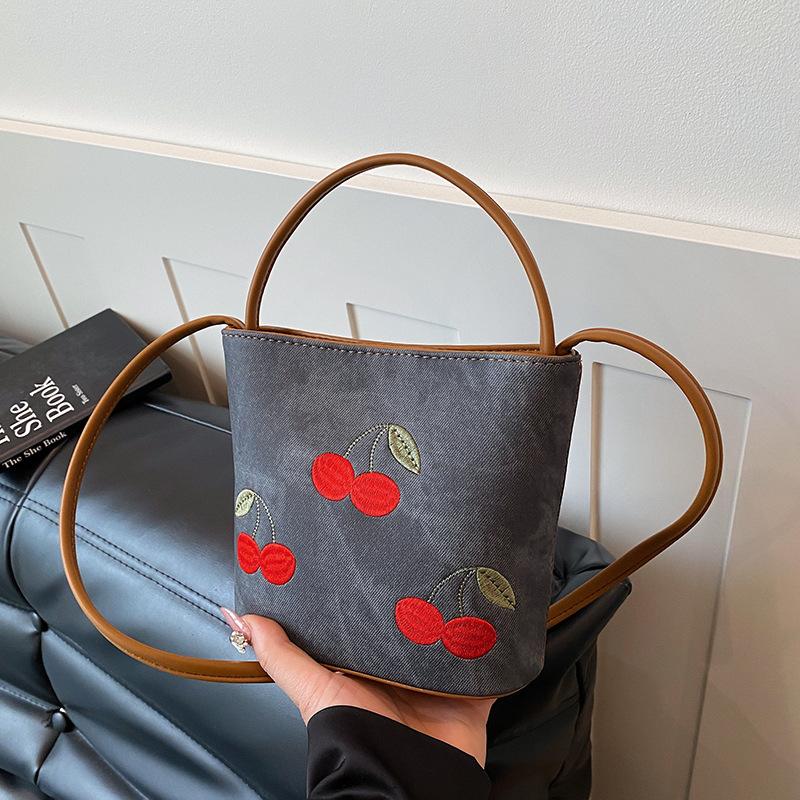 Casual Cherry Embroidery Shoulder Bags for Women Versatile Portable Ladies Crossbody Bag Simple Girls Bucket Handbags Purse