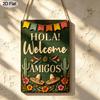 2D Flach 1 Stück Raum ist geschmückt mit Aluminium-Wandkunst Spruch 'Hola Amigos', Mit einem bunten Willkommensschild für eine mexikanische Party, Lebendiger Kaktus und