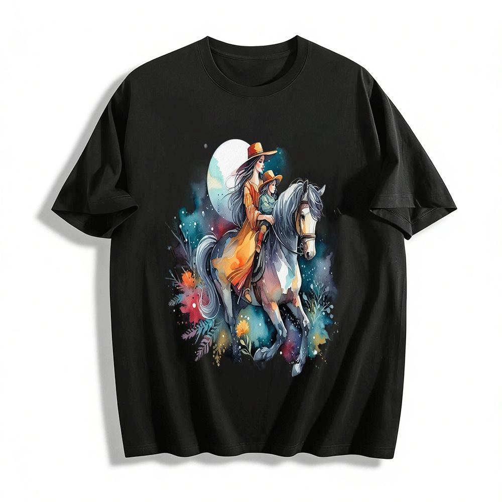 

Watercolor Mother Child Horse Riding Print Casual Top Pure cotton T-shirt XXS
