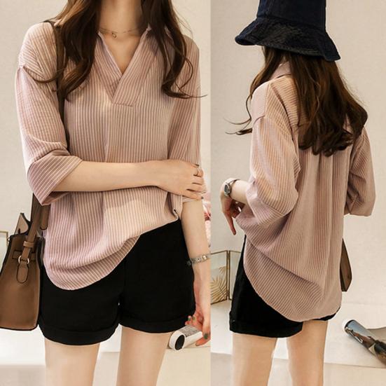 Plus Size Summer Casual Women Striped Lapel V Neck 3/4 Sleeve Loose Shirt Blouse