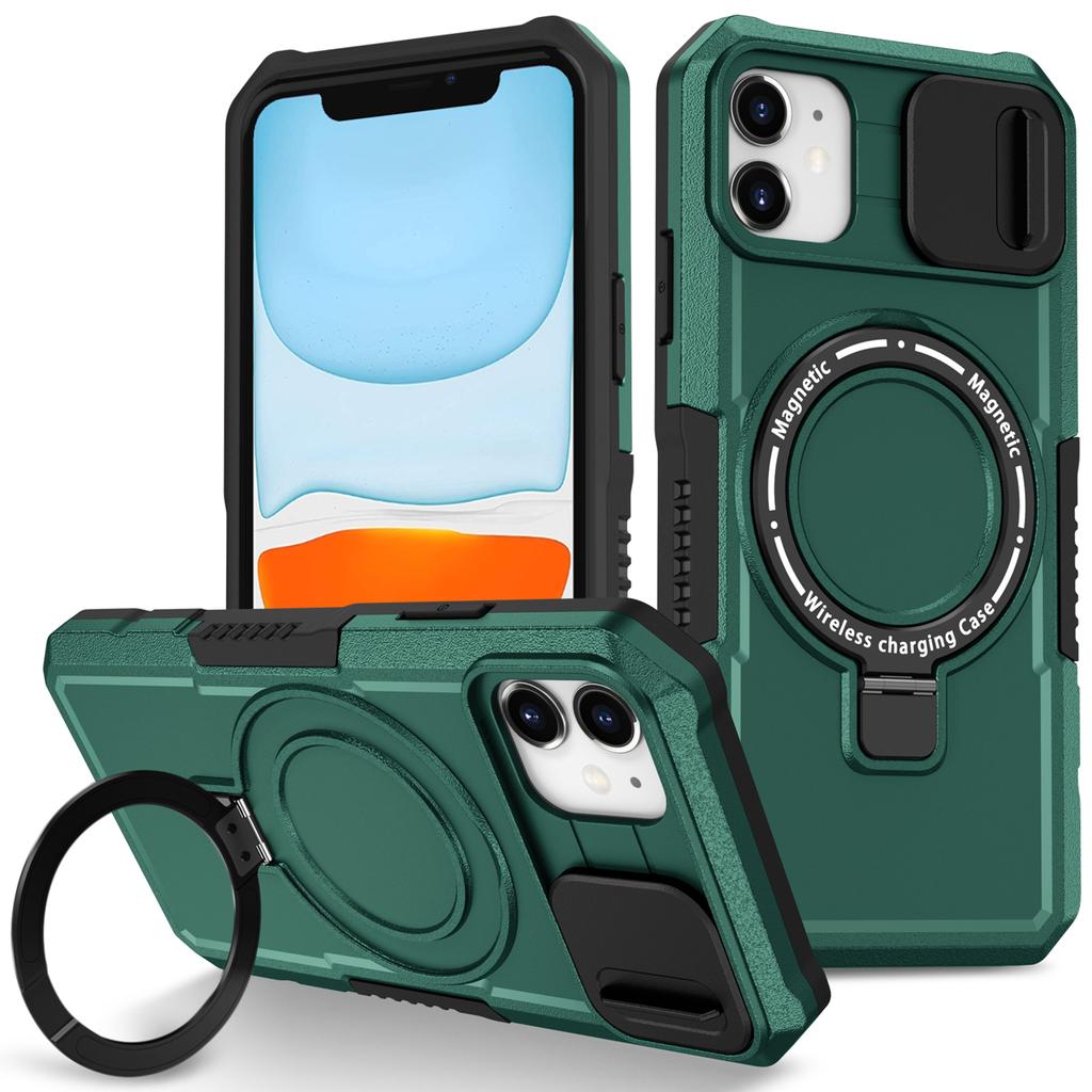 For iPhone 11 Case Invisible Magnetic Kickstand PC+TPU Phone Shell Built-in Sliding Lens Cover