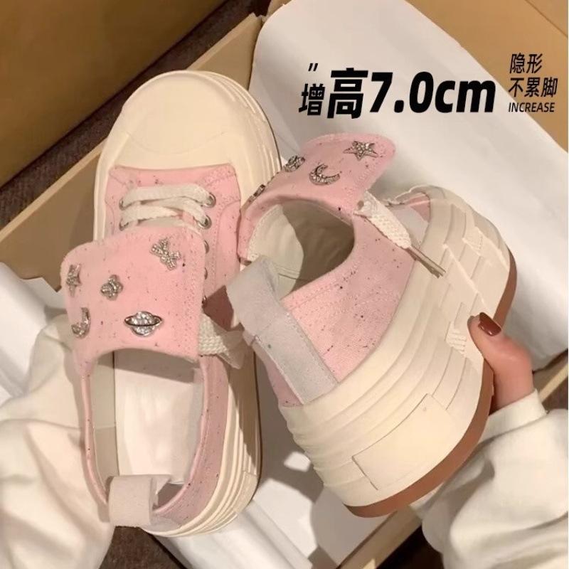 Sheepskin version~ thick-soled inner height-increasing canvas women's shoes, small white shoes, low-top autumn and winter new star casual board shoes
