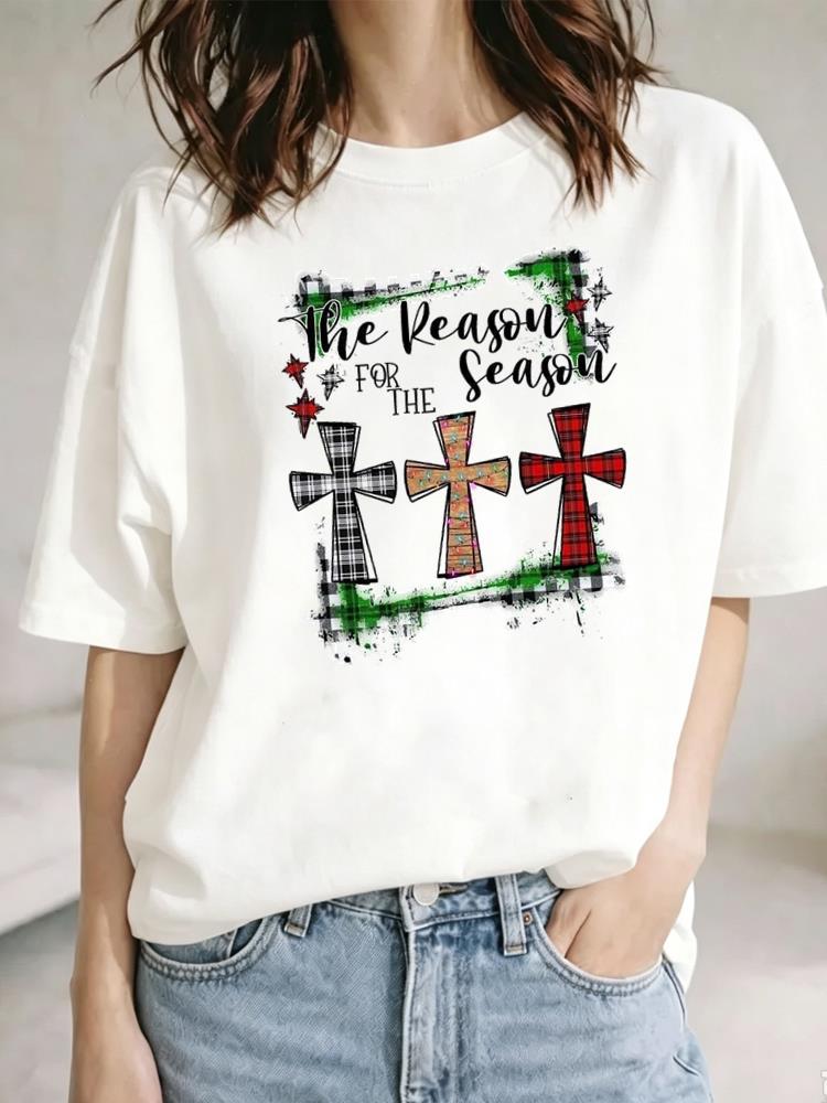 (Asian Size) lovely letter Christmas Festival Tee Top New Year Clothing T Shirt Women Fashion Print Female Woman Short Sleeve Graphic T-shirts