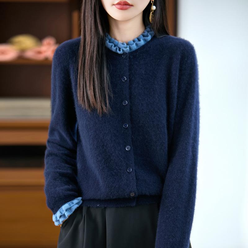 French Fungus Edge 100% Wool Sweater Women'S Autumn And Winter Round Neck Loose Knitted Cardigan Top Jacket Pullover Sweater