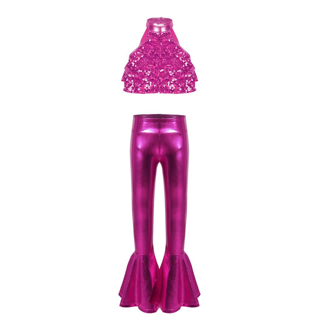 Jazz & Moderner Tanz Kostümset für Mädchen: Glänzendes Pailletten-Top ohne Rücken mit Rüschensaum & Statement-Schlaghosen