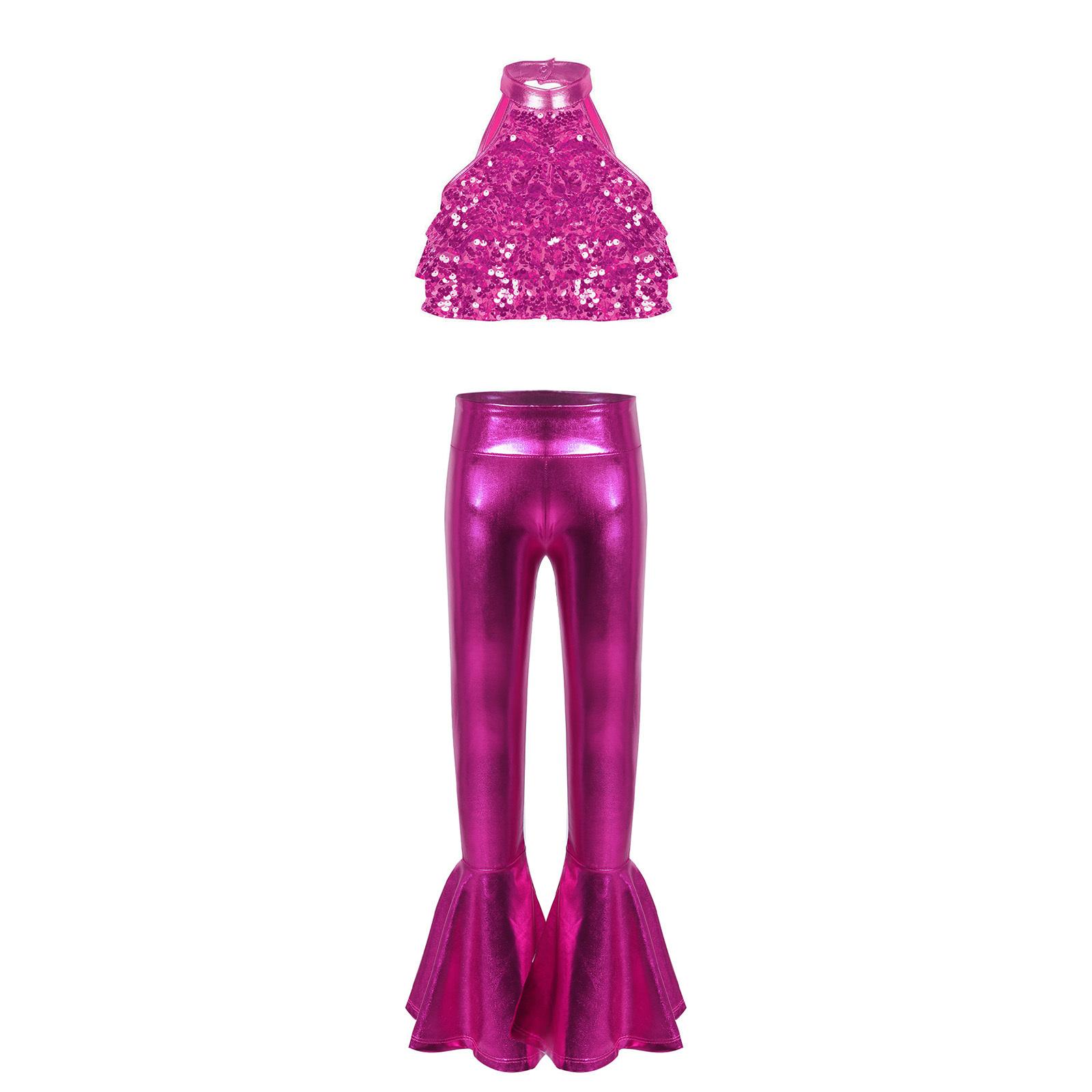 

Костюмний набір для дівчат для джазу та сучасного танцю: Блискучий топ без спини з паєтками, оборкою по низу та ефектні штани-кльош 5-6 Years гарячі рожевого кольору