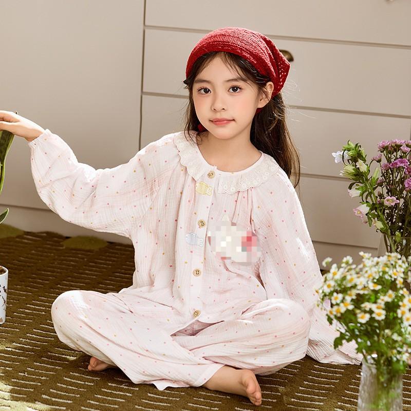 Cotton Gauze Kids Pajama Set Girls Long Sleeve Floral Print Sleepwear Comfortable Home Outfit