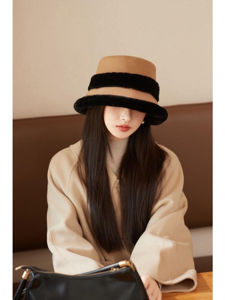Autumn and Winter Thickened Plush Splicing Bucket Hat Women's Ear Protector Hat Basin Hat for Casual & Formal Outfits, Cold Weather Gear